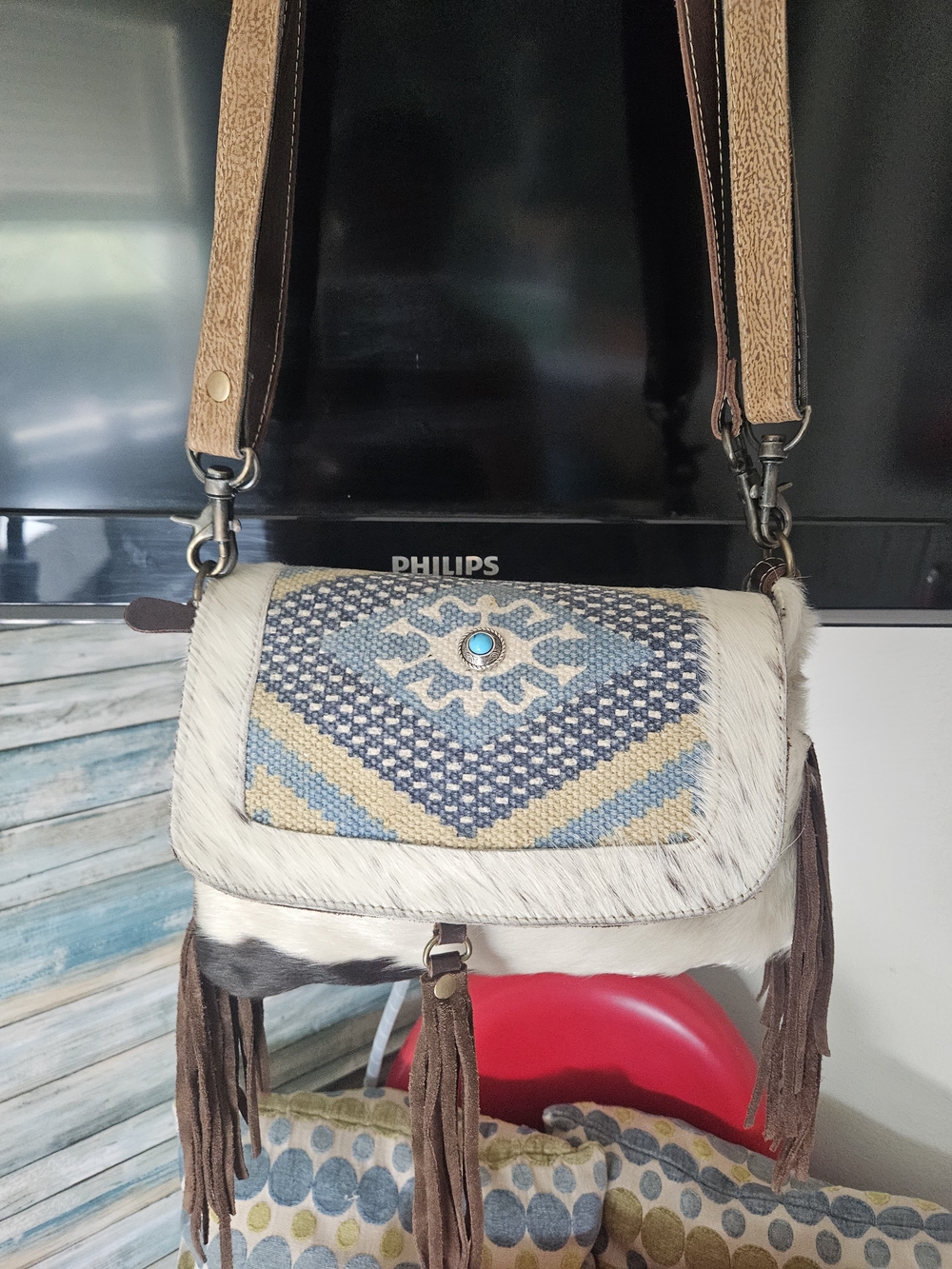 Myra Bag Cream and Blue Woven/ Cowhide Fringe Crossbody